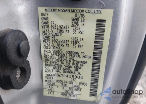 2005 Nissan Frontier Le из США, поврежденный, VIN 1N6AD06W75C418904